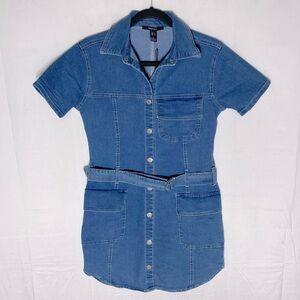Le Château Blue Denim Button Front Belted Short Sleeve Utility Style Dress M